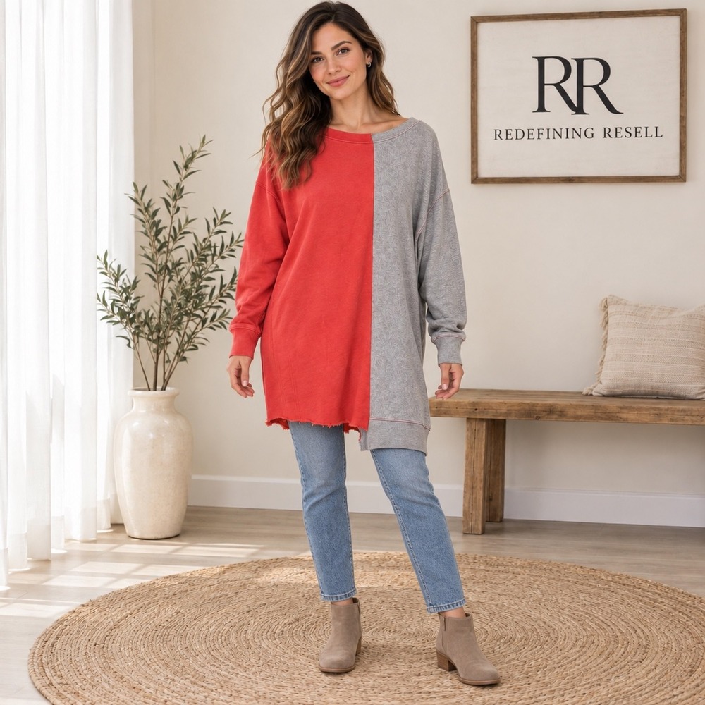 Free People Two Tone Colorblock Oversized Sweatshirt Red Grey S